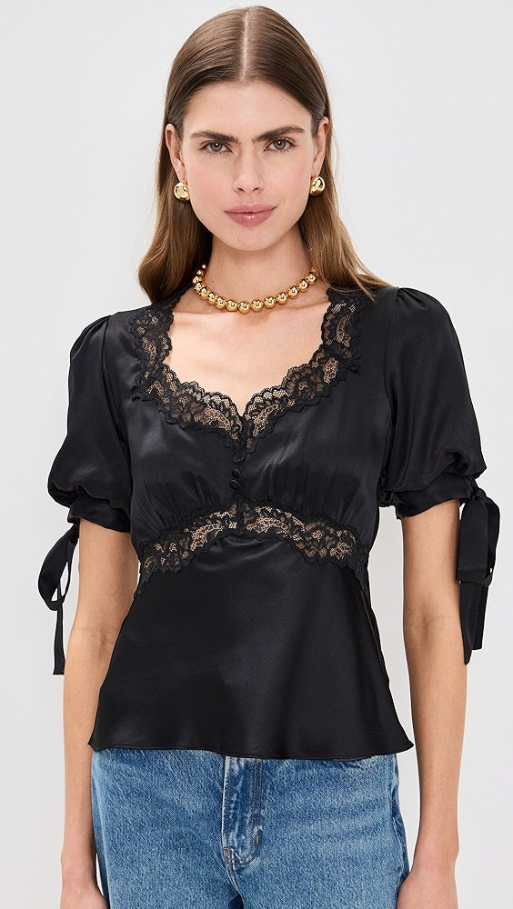 Dame satinbluse med spidsdetaljer Skovae