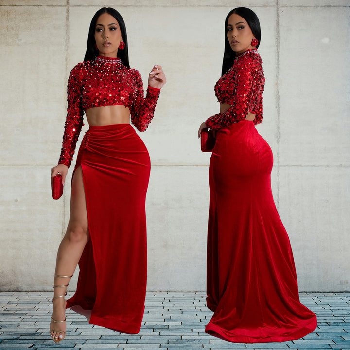 Dame Glitrende Crop-Top med lange ærmer og elegant Maxi-nederdel Kombination Stilla
