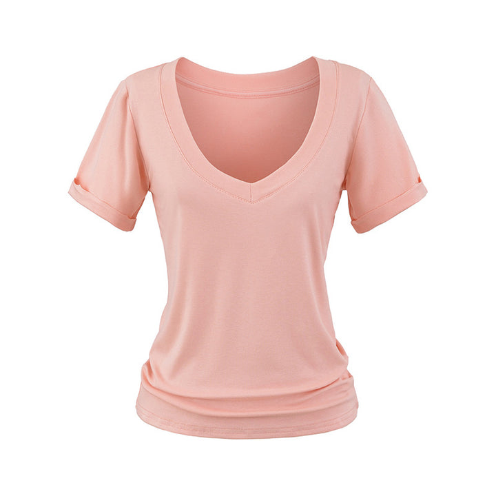 Dame V-hals T-shirt i åndbart bomuldsblandingsmateriale med figursyet snit Stilla