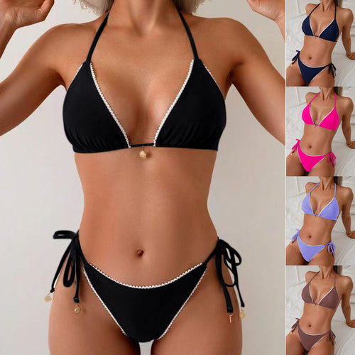 Dame Triangle-Bikini-Sæt med elegant kontrastbånd Skovae