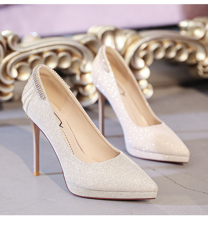 Dame nan elegante aftenpumps med fint glimmermesh, spids tåparti, filigran stilettohæl og dekorativ hæl-applikation Skovae