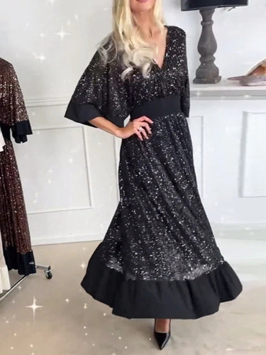Dame glitrende maxikjole i elegant A-linje snit med voluminøse ærmer Stilla