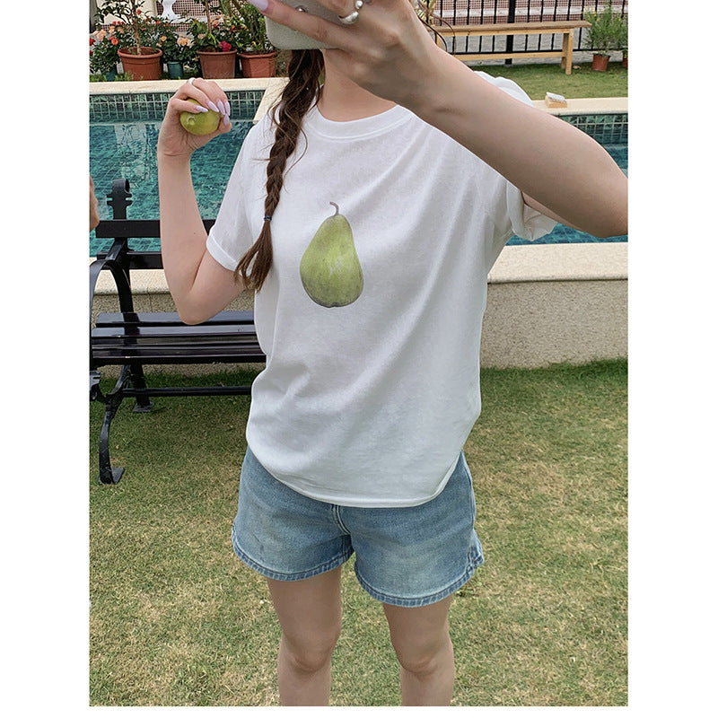 Dame T-shirt med kreativt frugtmotiv og kvalitetsbomuldsstof Stilla