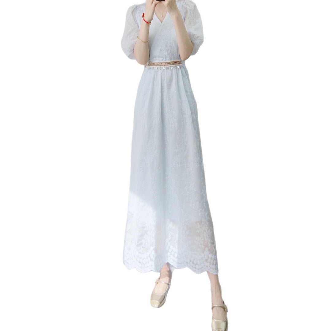 Dame Maxi Kjole med elegante Puffærmer og fint Spidsmønster Stilla