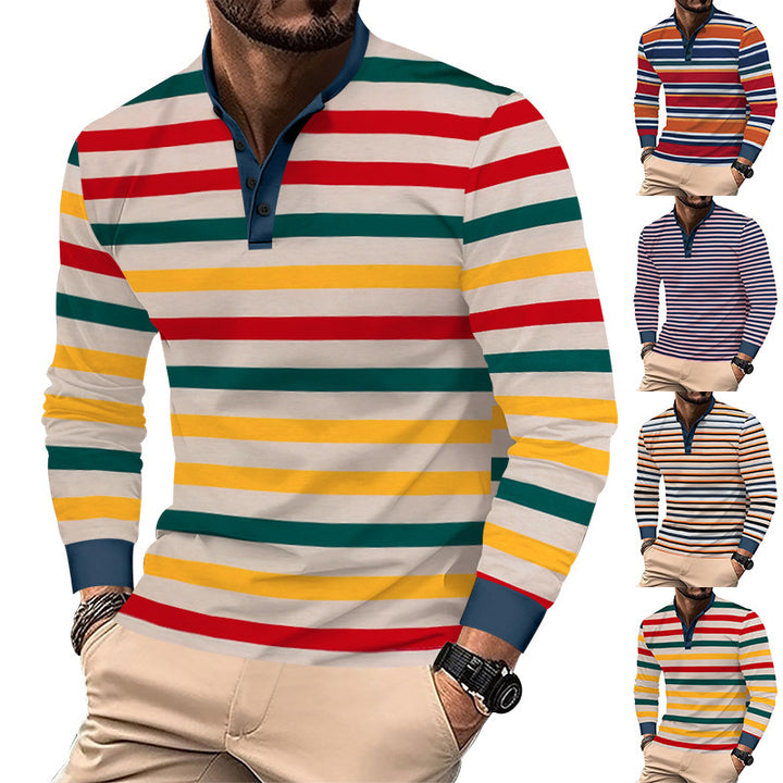 Herren nan stribet langærmet Henley skjorte med ståkrave, slank pasform og elastisk bomuldsblanding Skovae