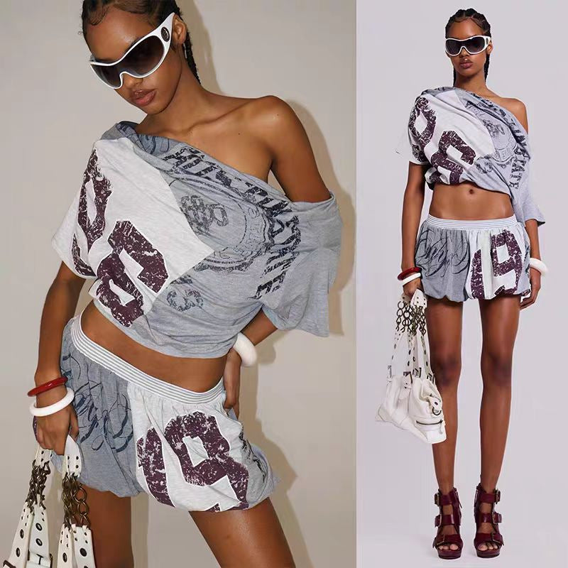 Kvinder Grafik Crop Top og Skort Sæt Stilla