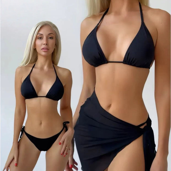 Dame triangel-bikini med elegant omslagskørt Skovae