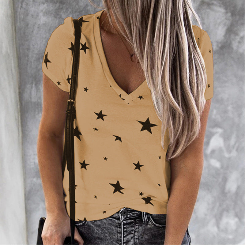 Kvinders V-Hals T-Shirt med Stjerne Motiv og Casual Snit Stilla