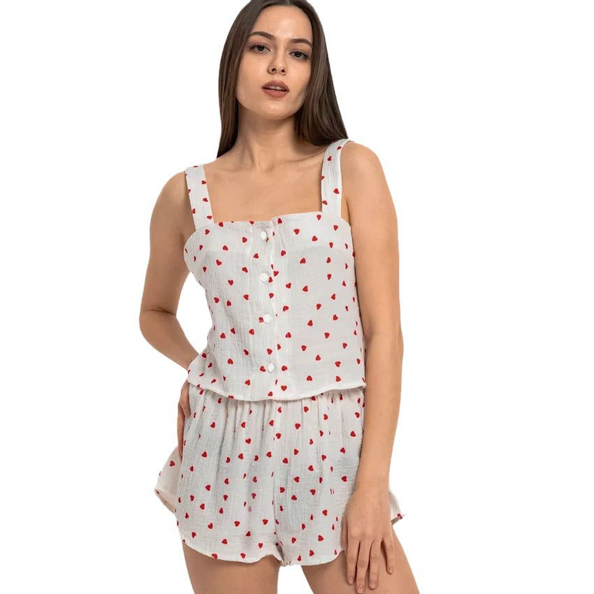 Dame sommerligt fritids-pyjamasæt med hjerte-motiver og elastisk talje Stilla