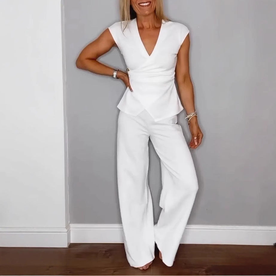 Damer Elegant Wrap-top og bredbenet Bukser Sæt Stilla