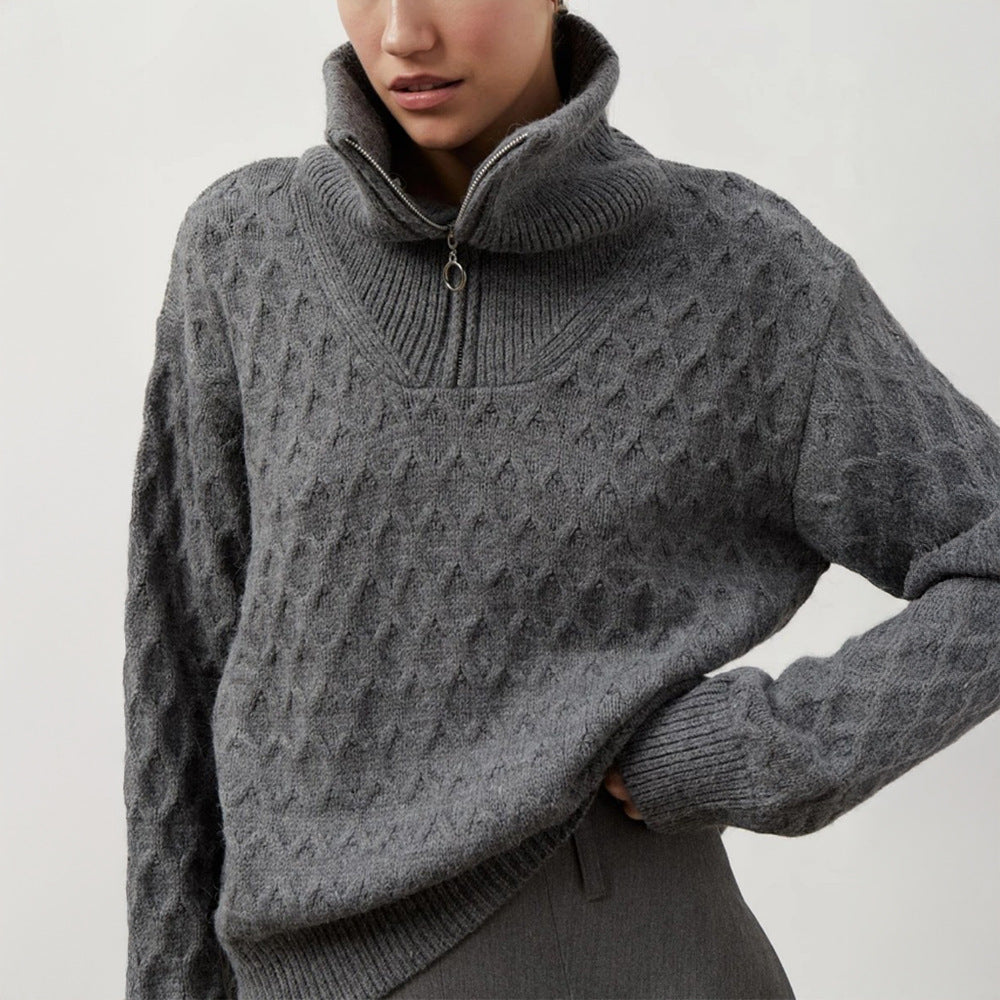 Kvinders mønstrede sweater med høj krave og lynlås Stilla