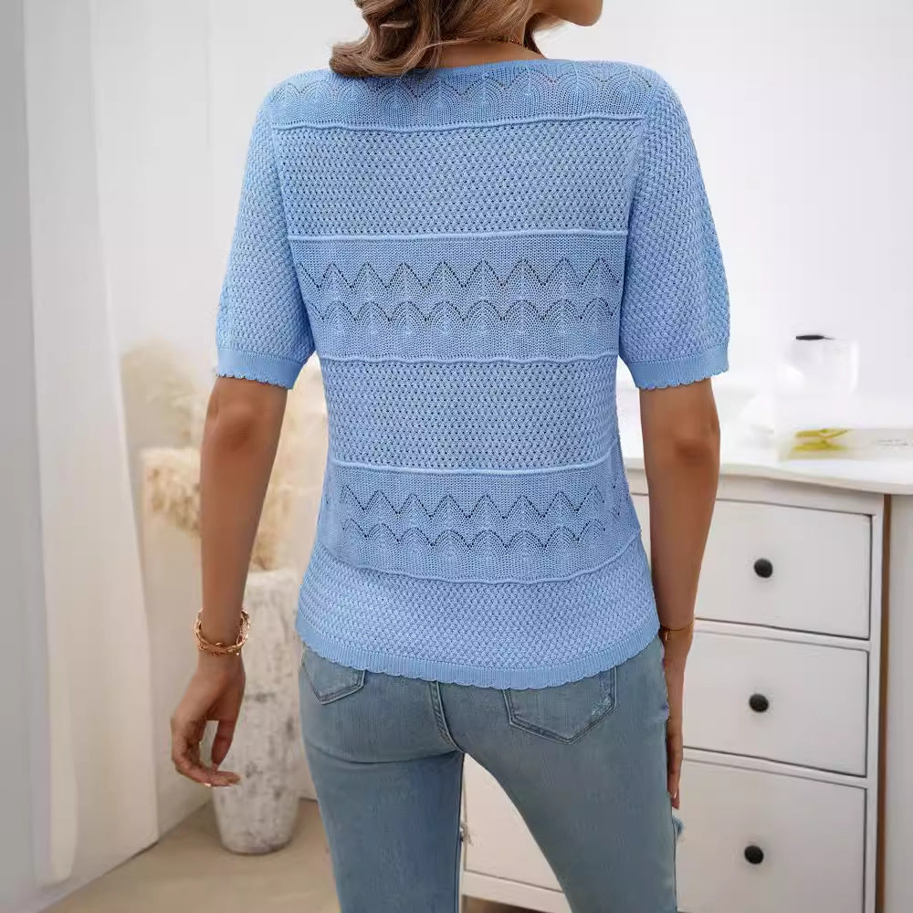 Skovae | Elegant Rund hals Hullet Kortærmet Pullover Top