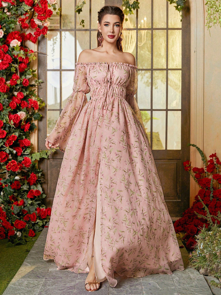 Dame Maxikjole med romantisk blomstermønster og off-shoulder design Stilla
