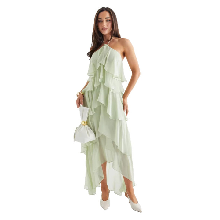 Dame luftige chiffon maxi kjoler med flæser og elegant halterneck Skovae