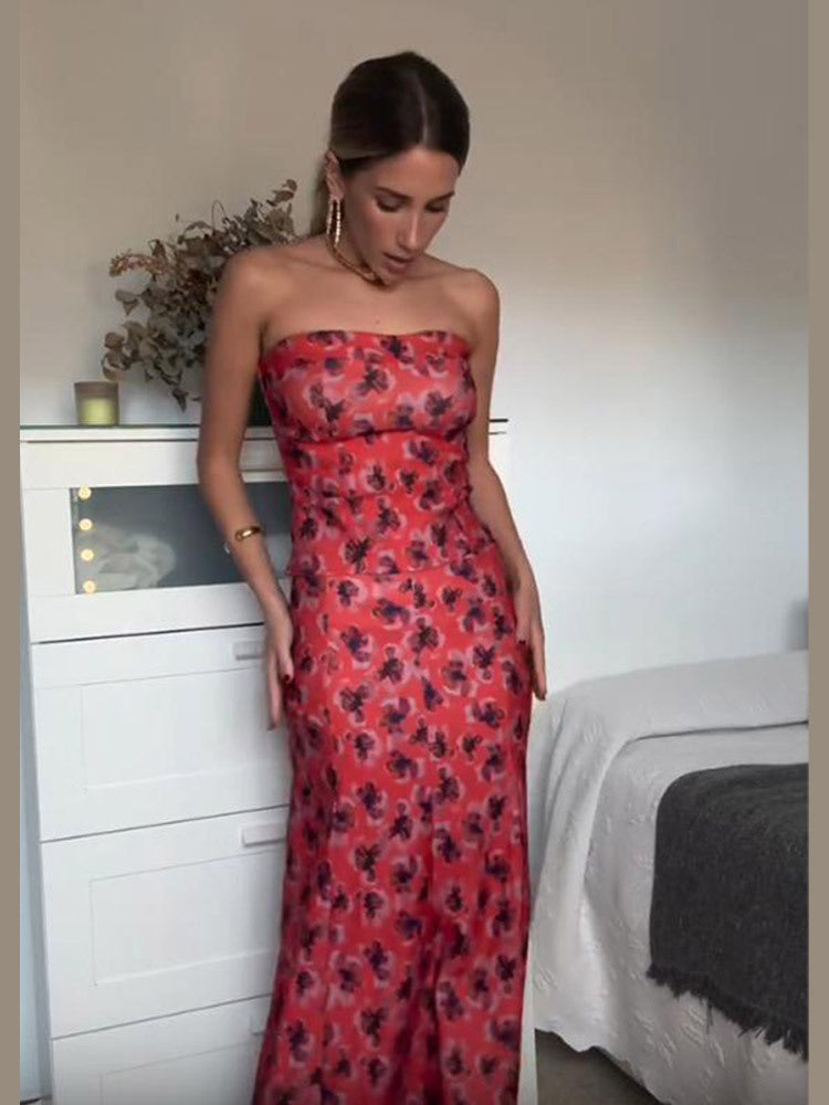 Dame Maxikjole med skulderfri design og blomster mønster Stilla