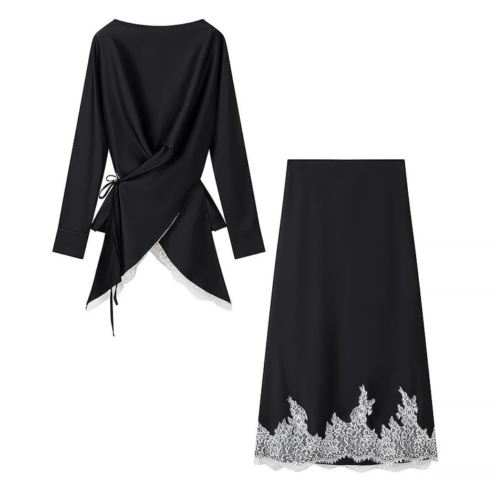 Dame elegant indviklet bluse med spidsbesætning og matchende nederdel Skovae