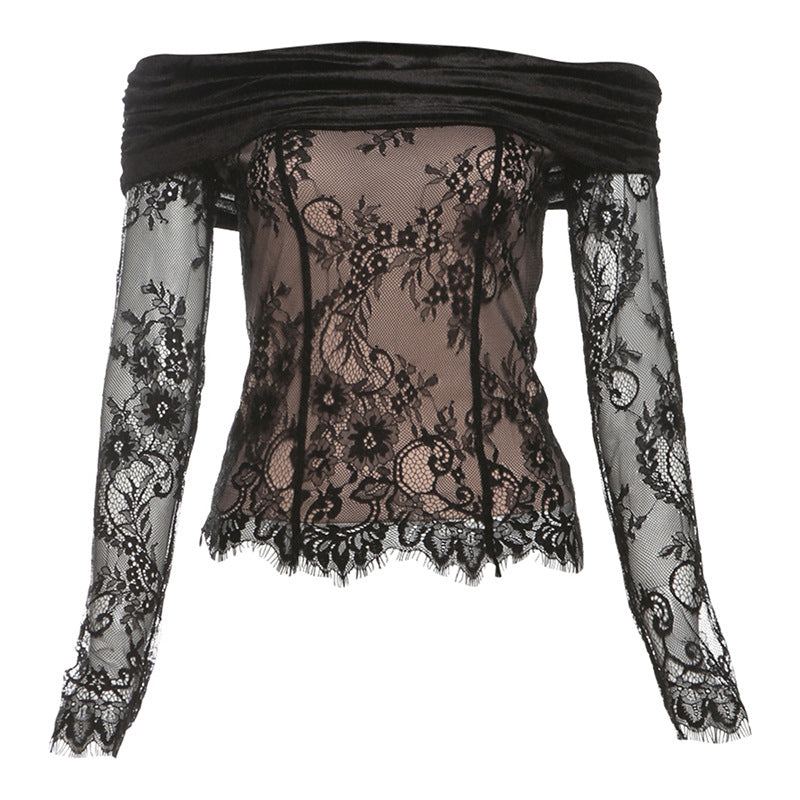 Dame spidsbluse med off-shoulder design og elegante flæsedetaljer Stilla