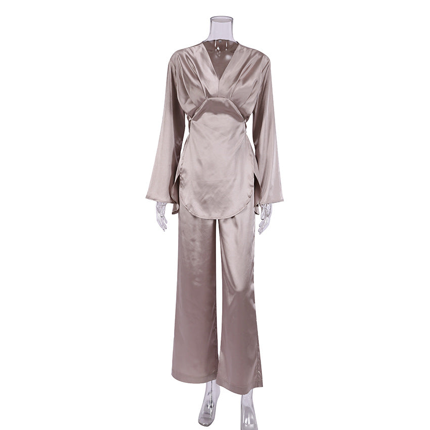 Dame Satin Chiffon pyjamasæt med elegant snit og lange ærmer Stilla