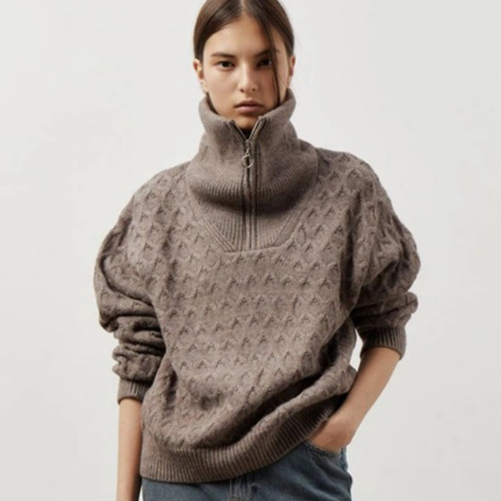 Kvinders mønstrede sweater med høj krave og lynlås Stilla