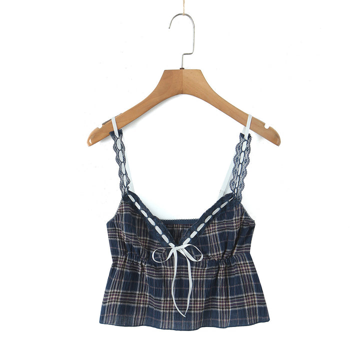 Dame spids-crop-top med ternet design og legende flæsedetaljer Stilla