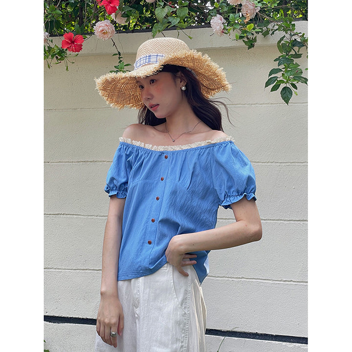Dame Off-Shoulder Bluse med knapdetaljer og elastiske ærmer Stilla