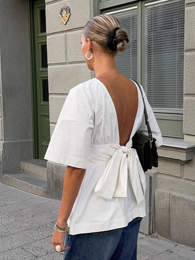 Dame rynket bluse med talje bælte og voluminøse ærmer Stilla