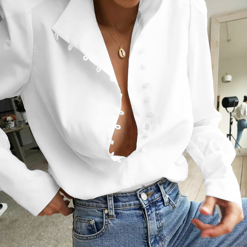 Damer elegant bluse med højtstående krave og puffærmer Stilla