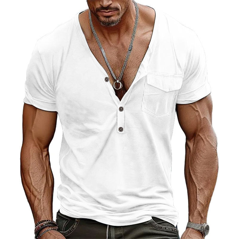 Herrer afslappet V-hals Henley T-shirt med praktisk brystlomme Stilla