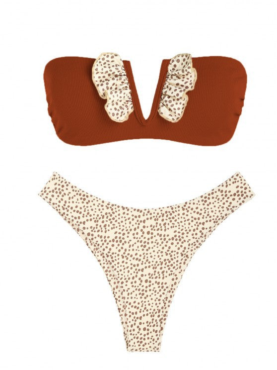 Dame bandeau-bikini med floralt ruffle-detalje og højt benudskæring Stilla