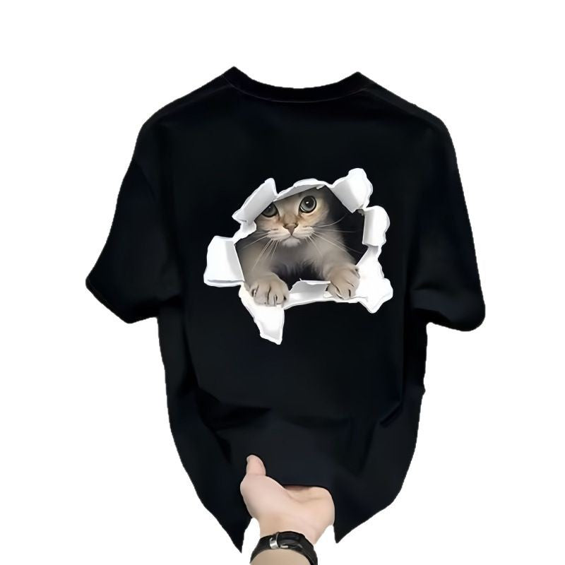 Dame T-shirt med kreativ kattemotiv og legende hul-design Stilla