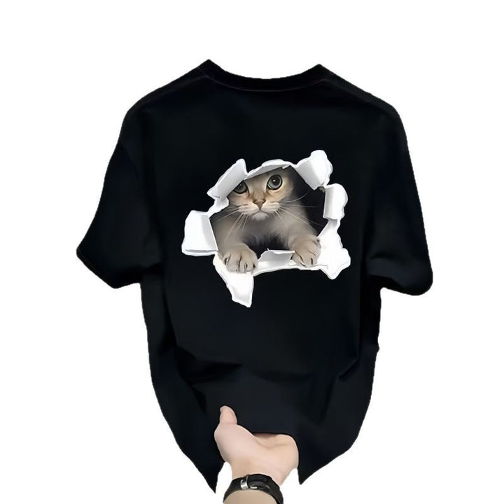 Dame T-shirt med kreativ kattemotiv og legende hul-design Stilla