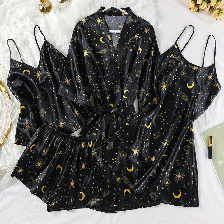 Femme Celestial Satin Nattøj Sæt med Kimono Morgenkåbe Stilla