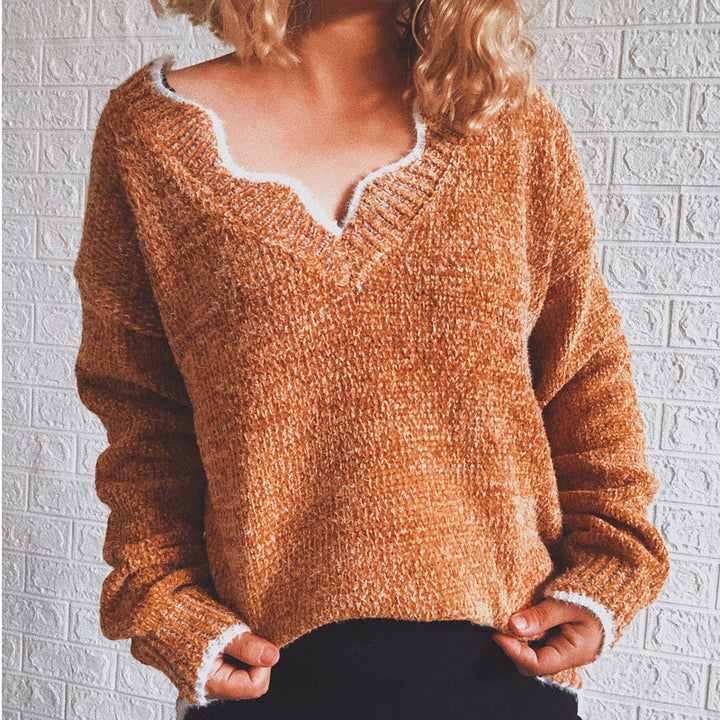 Dame afslappet strik pullover med V-hals og struktureret stof Stilla