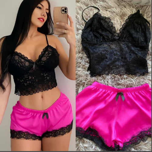 Dame Spids-Crop-Top og Satin-Shorts Sæt Stilla