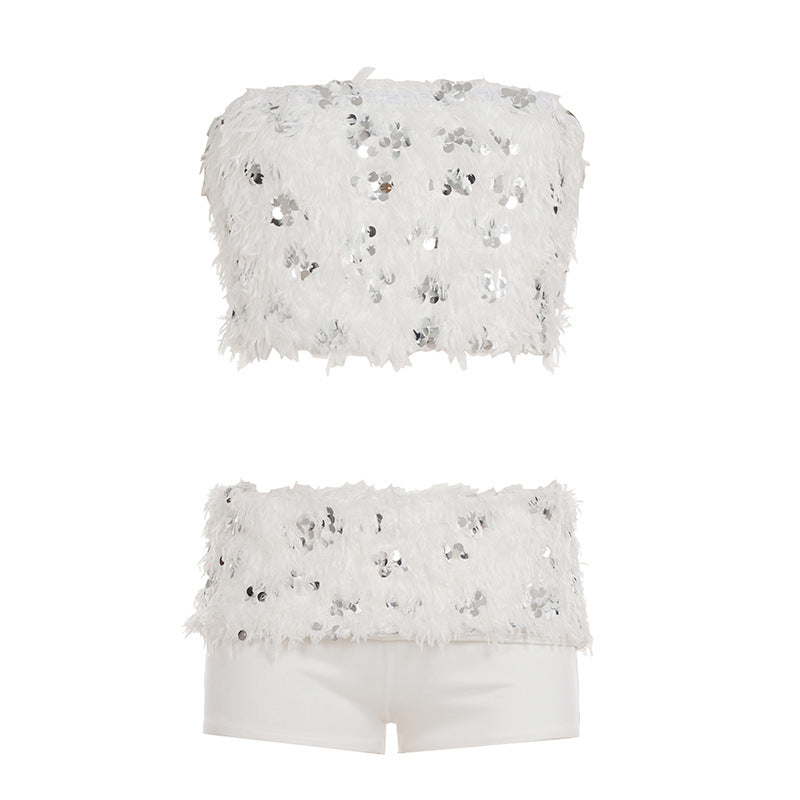 Dame smart top og shorts sæt med glitrende pailletter og dekorative fjer Skovae