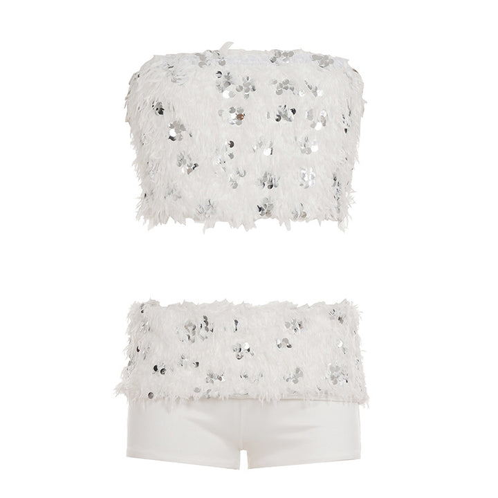 Dame smart top og shorts sæt med glitrende pailletter og dekorative fjer Skovae