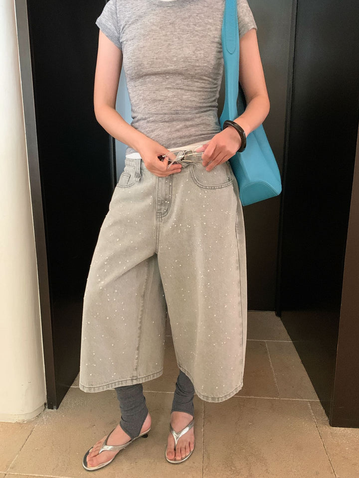 Dame løse Culotte-jeans med iøjnefaldende perledetaljer og elastisk talje Stilla