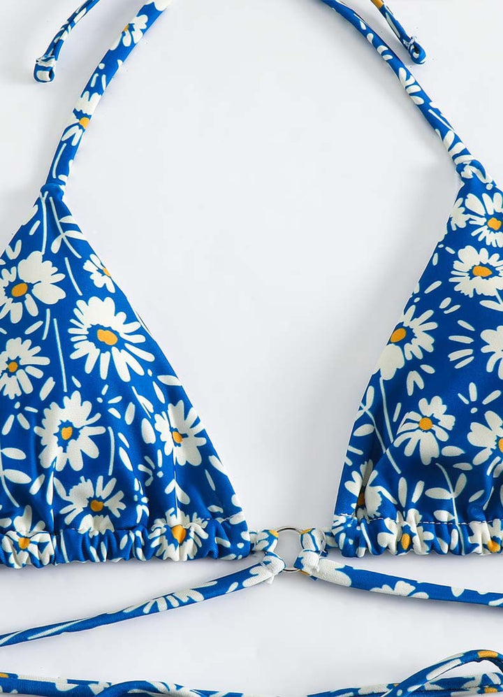 Femme Daisy Print Trekant-Bikini-Sæt med justerbare Bindebånd Stilla