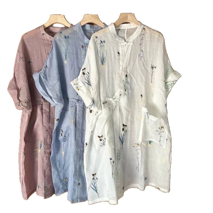 Femme Broderet Linned blouse og Løse Culottes Sæt Stilla