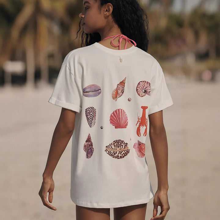Dame afslappet T-shirt med maritimt muslingemotiv og løs pasform Skovae