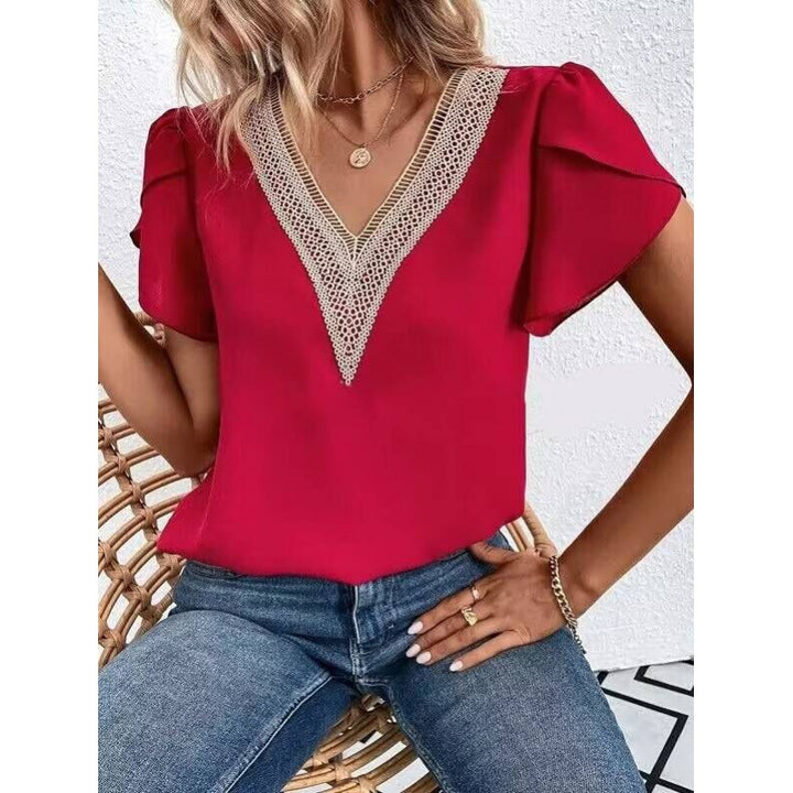Dame elegant V-hals bluse med spidsudsmykninger Stilla