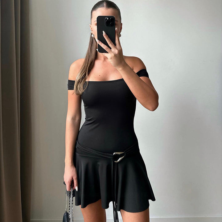 Dame Off-Shoulder Flared Hem Mini Kjole med justerbart bælte Stilla