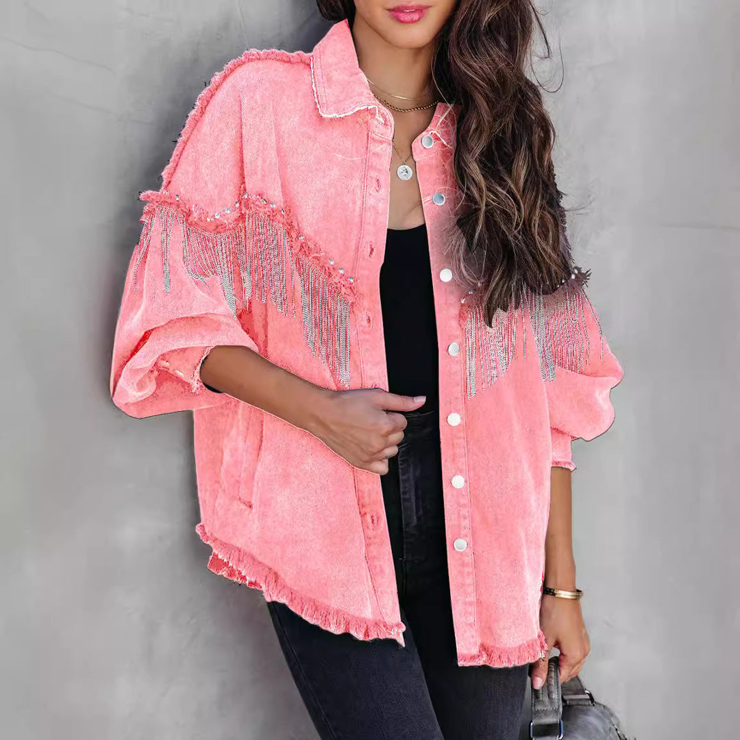 Dame Oversized Denim-Jakke med dekorative frynser og stilfulde perler Stilla