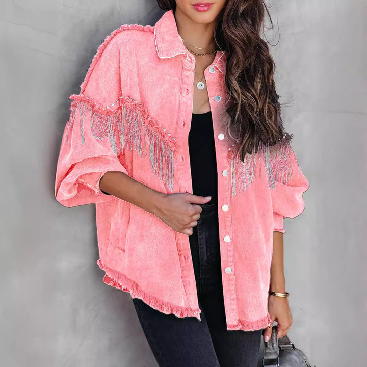 Dame Oversized Denim-Jakke med dekorative frynser og stilfulde perler Stilla