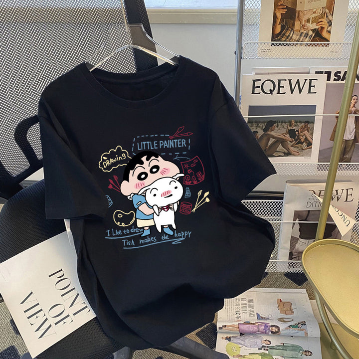 Dame T-shirt med kunstnerisk cartoon-tryk og behagelig pasform Stilla