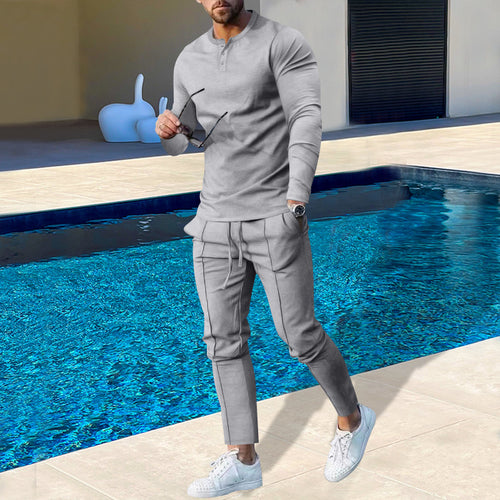 Herrer afslappet fritids-sæt med kombinerbart kortærmet Henley-shirt og elastiske joggebukser Stilla