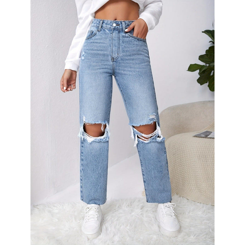 Dame Mom-Jeans i vintage-look med ødelagte effekter Skovae