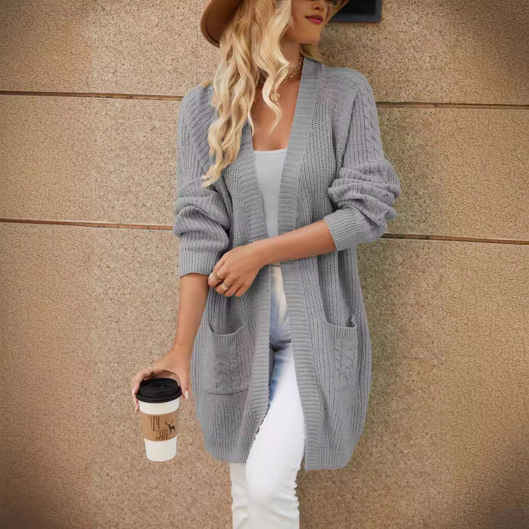 Femme Kabelstrik Åben-Front Cardigan med Lommer Stilla
