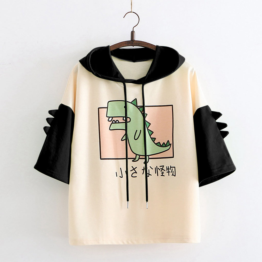 Dame Hoodie-T-shirt med spændende dino-design og stilige 3D-rugfløjter Stilla