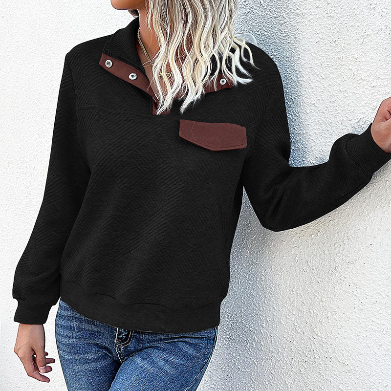 Dame Ståkrave Sweatshirt med Knapdetaljer og Brystlomme Stilla